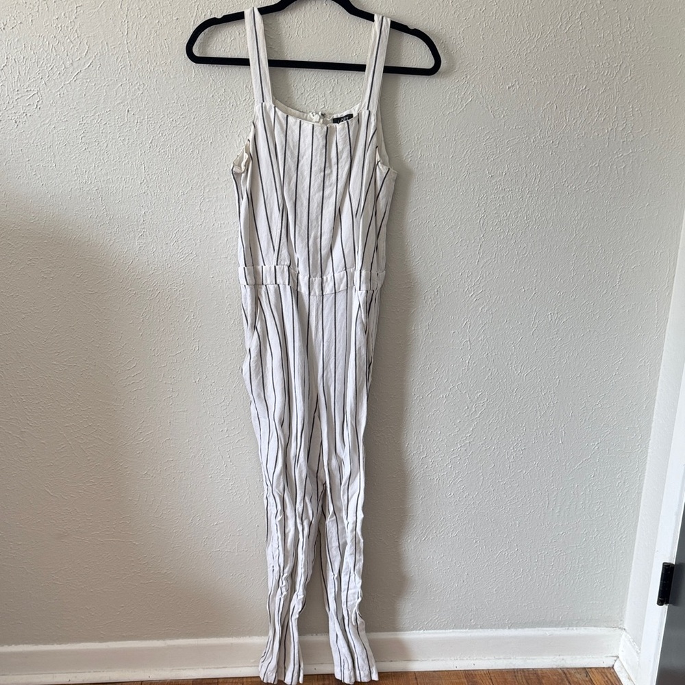 LOFT White and Black Striped Jumpsuit
